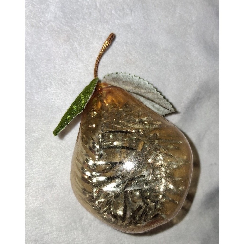 Vintage Glass Pear Christmas Ornament Silver Tinsel Filled Green Leaves 3.25"